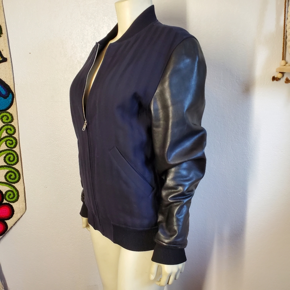 Louis W APC Navy Bomber Jacket Leather Sleeves - Picture 3 of 11
